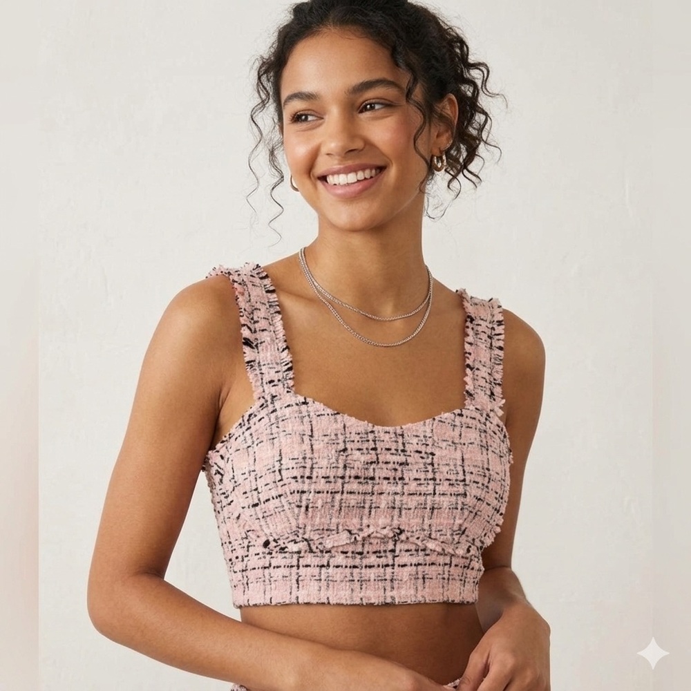 Women’s Pink Tweed Crop Top - Stylish Square Neck